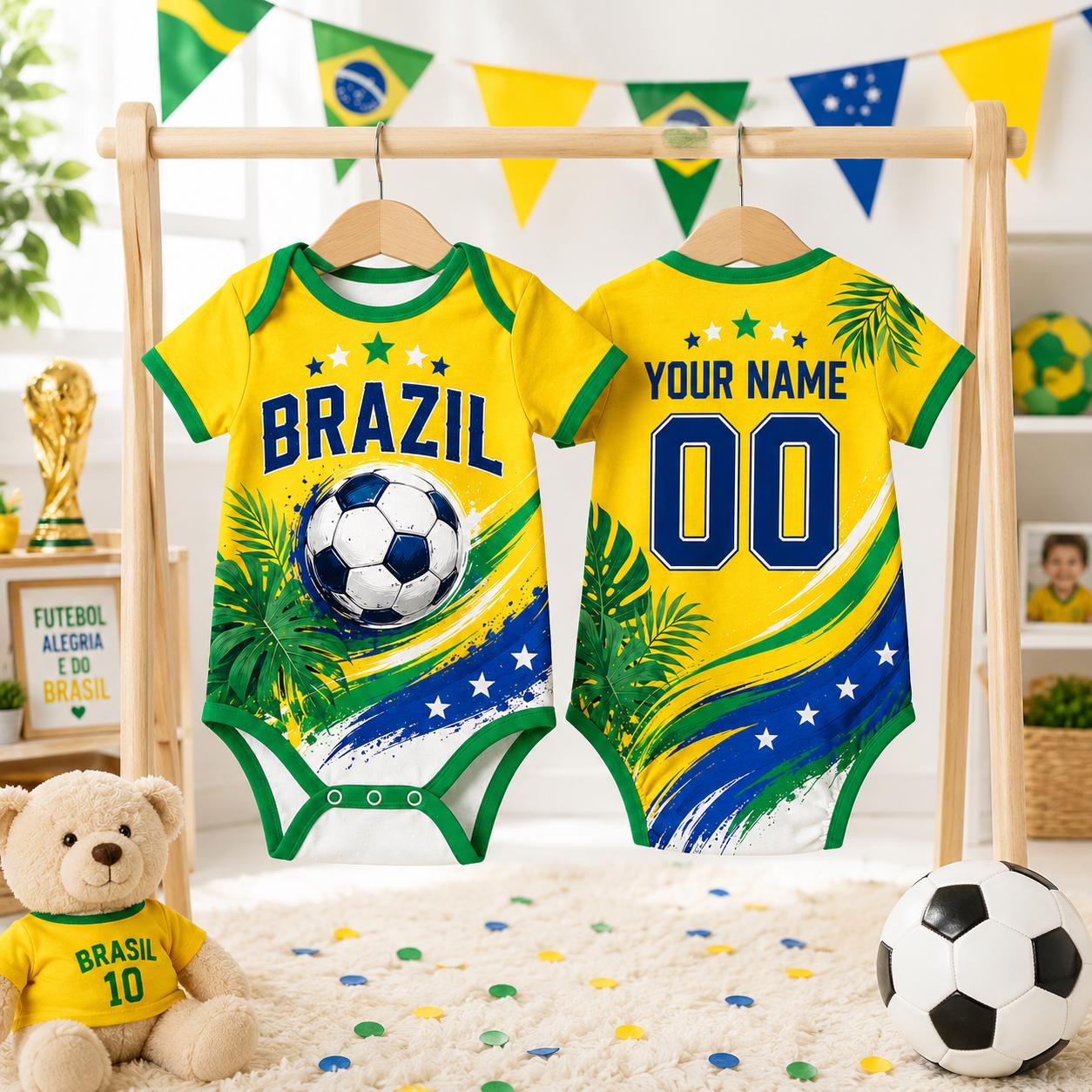 Custom Brazil Baby Soccer Bodysuit, Brazil Football Onesie, World Cup 2026 Baby Gift