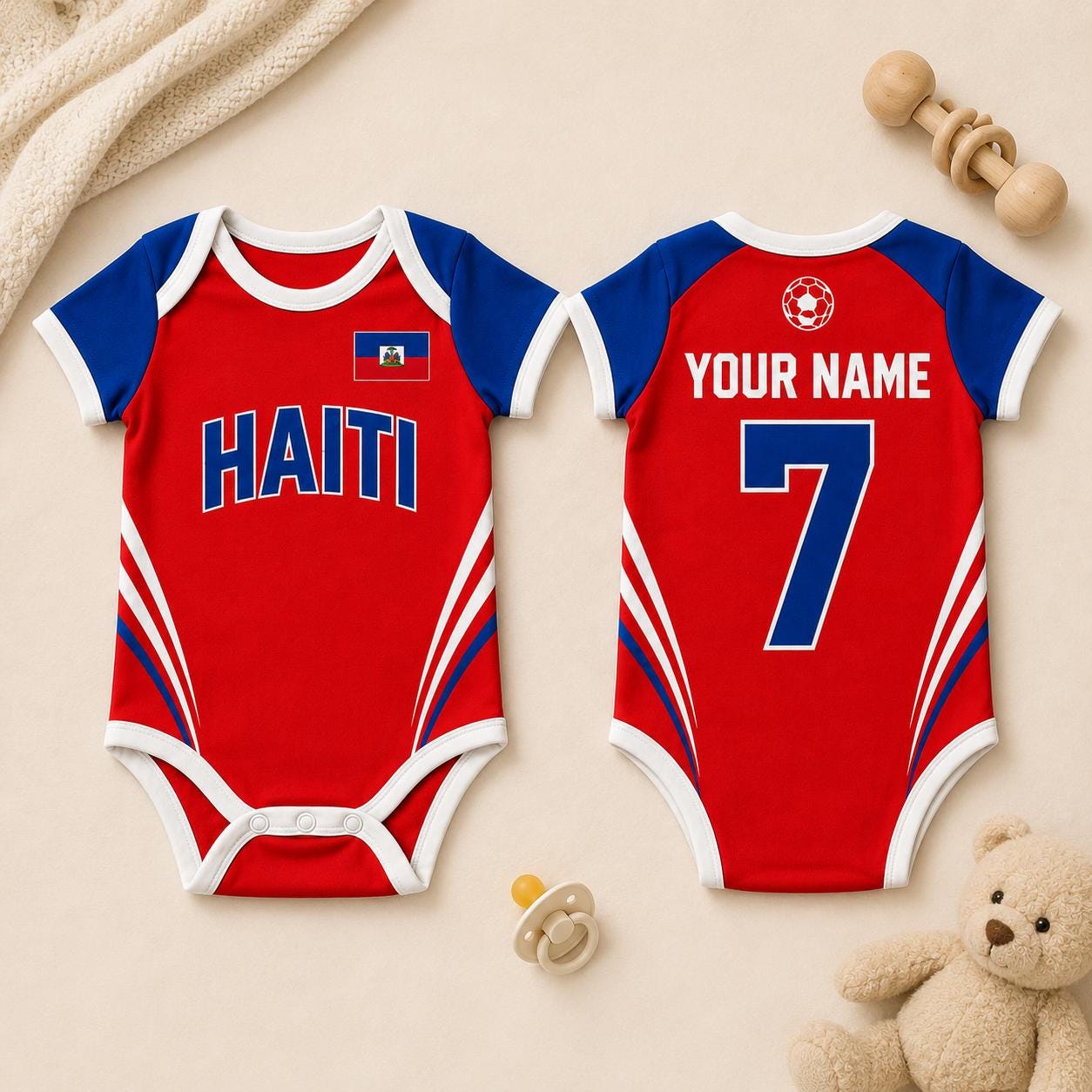 Haiti Baby Soccer Bodysuit, Personalized Haiti Football Jersey, Custom Name Number Outfit, Baby Shower Gift