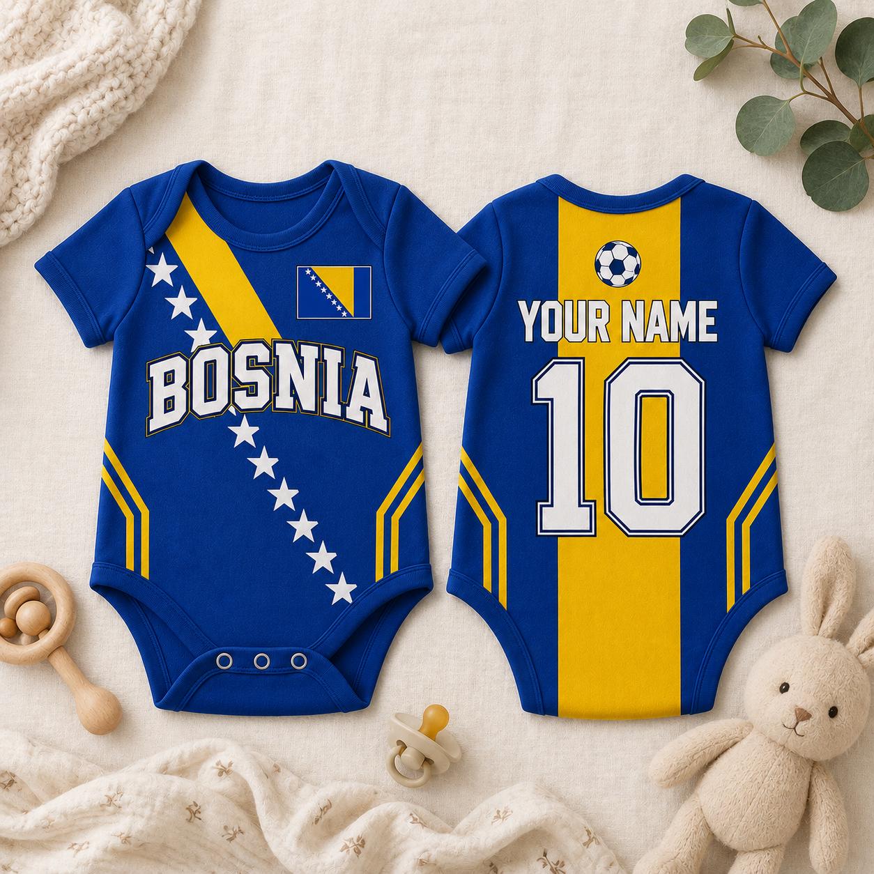 Personalized Bosnia Baby Bodysuit, Bosnia Soccer Romper, Custom Name Number Outfit, Baby Shower Gift