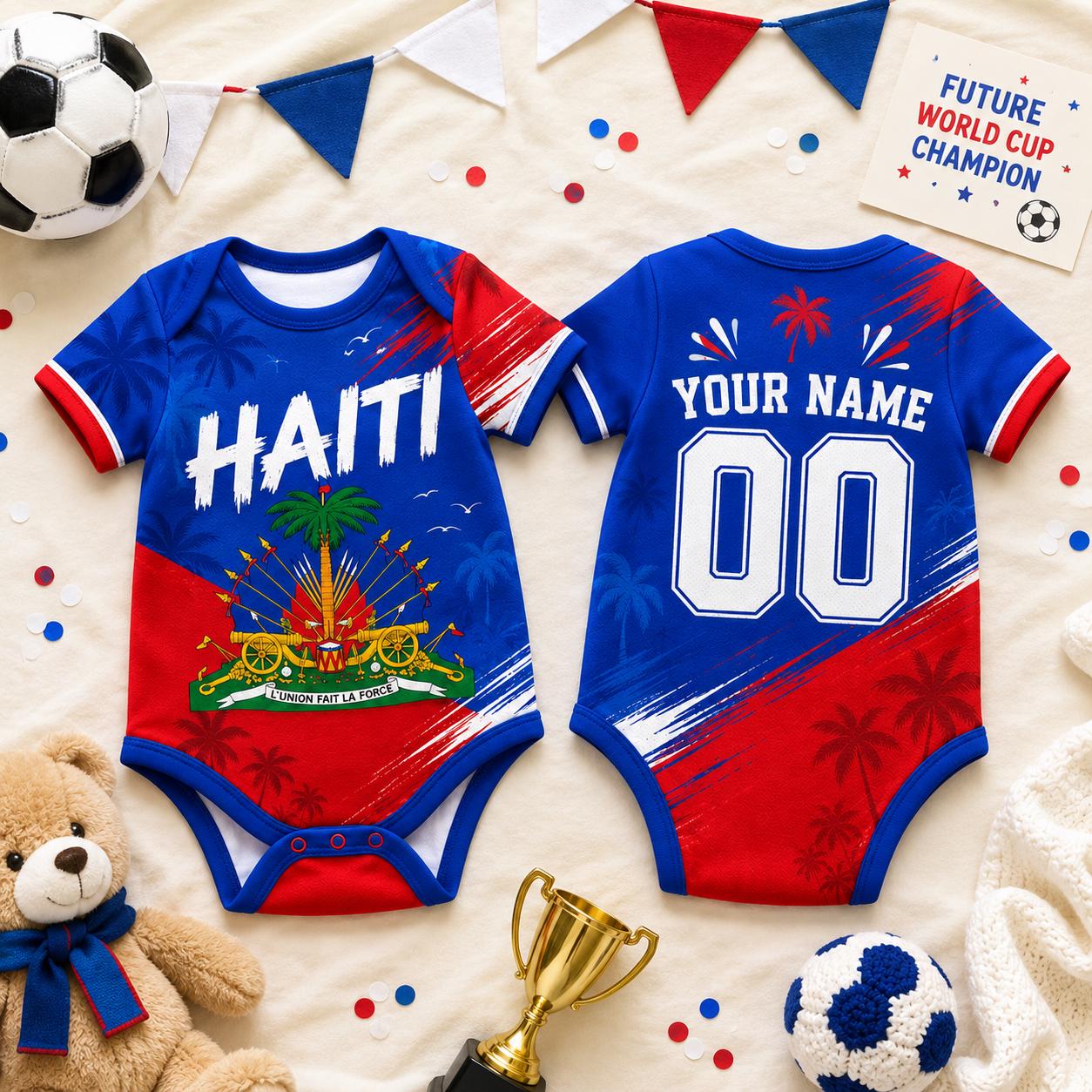 Personalized Haiti Baby Soccer Bodysuit, Custom Name Number Haiti Fan Baby Outfit, Haiti Jersey Romper Gift