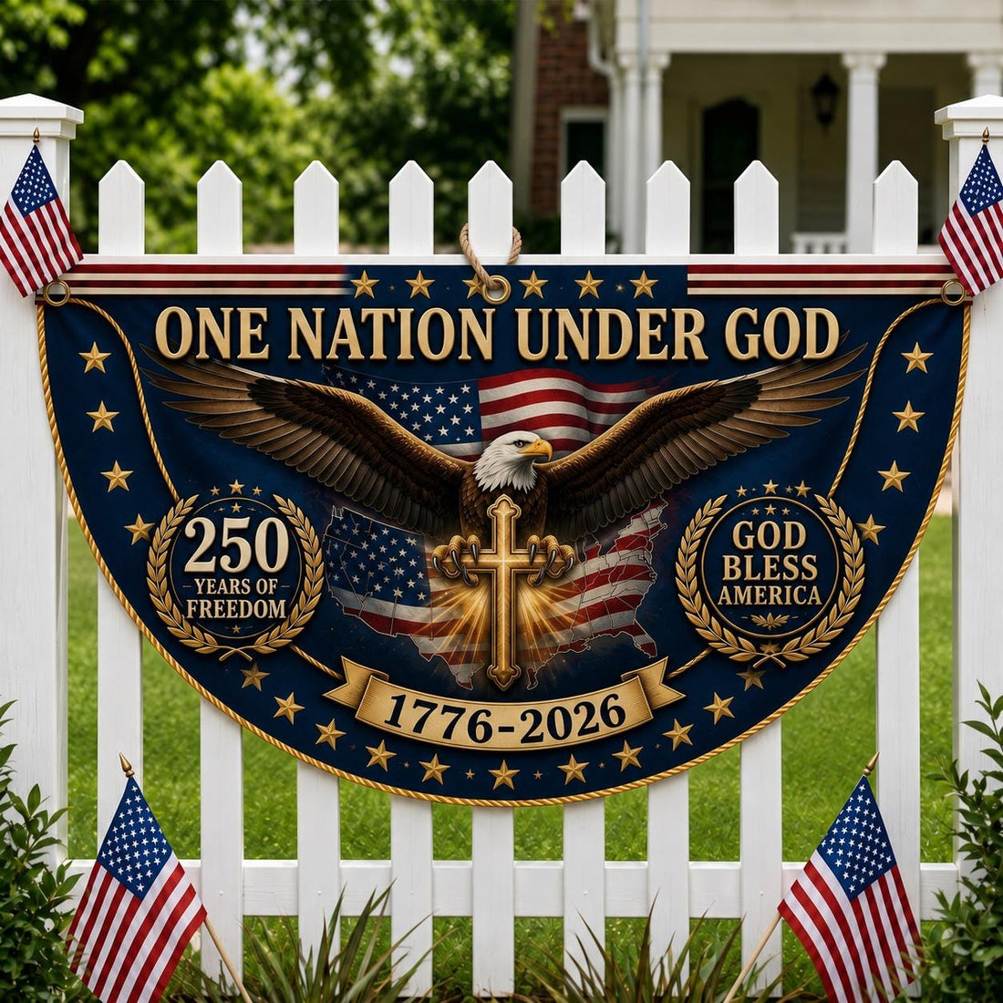 Personalized God Bless America 250th Anniversary Patriotic Bunting Flag, One Nation Under God 1776-2026