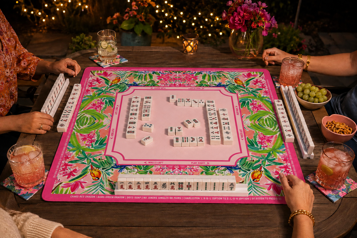 Pink Tropical Mahjong Mat American Mahjong Table Mat Palm Leaf Bird Game Mat Floral Game Night Hostess Gift