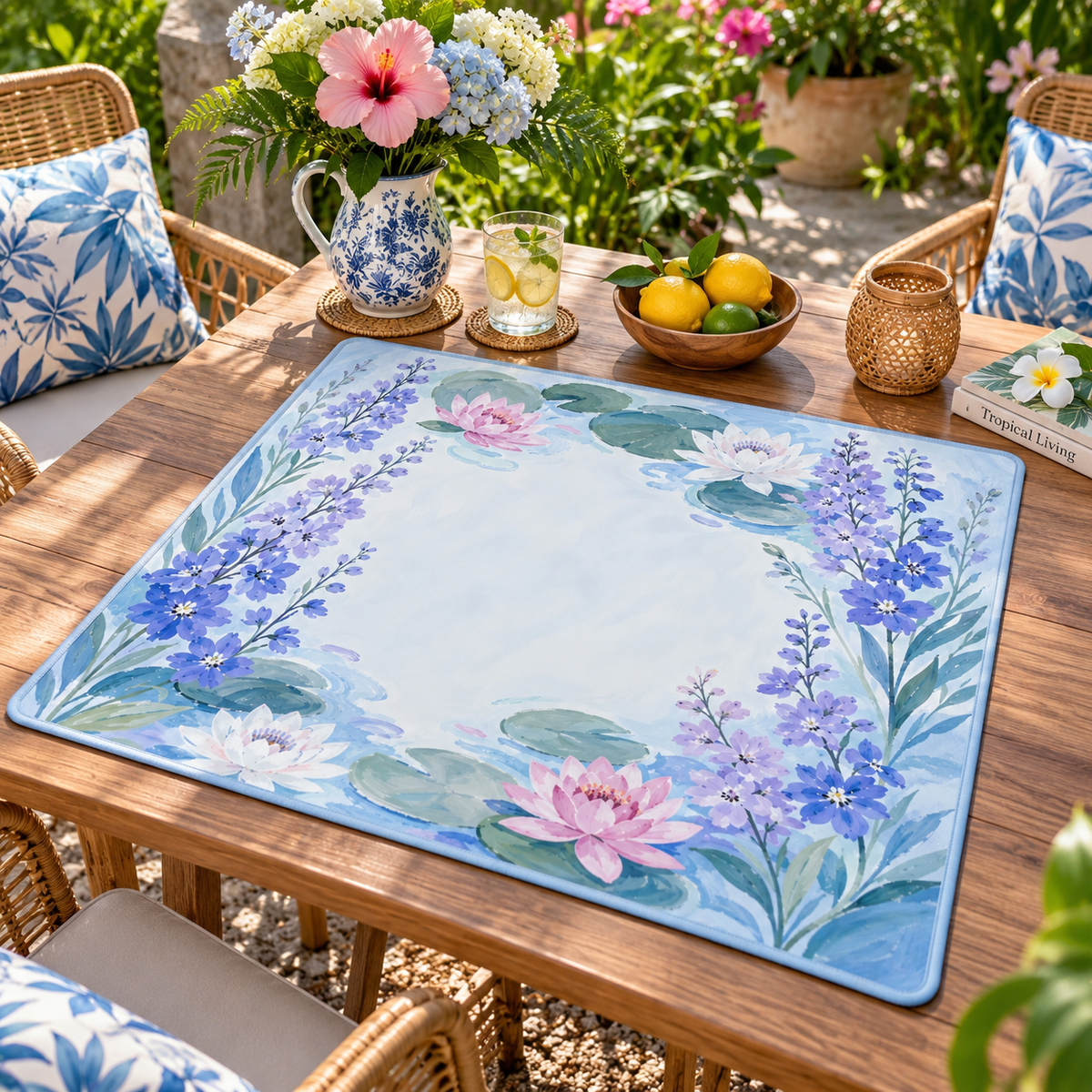 Larkspur Water Lily Mahjong Mat, American Mahjong Mat, July Birth Flower Garden, Blue Floral Mahjong Gift