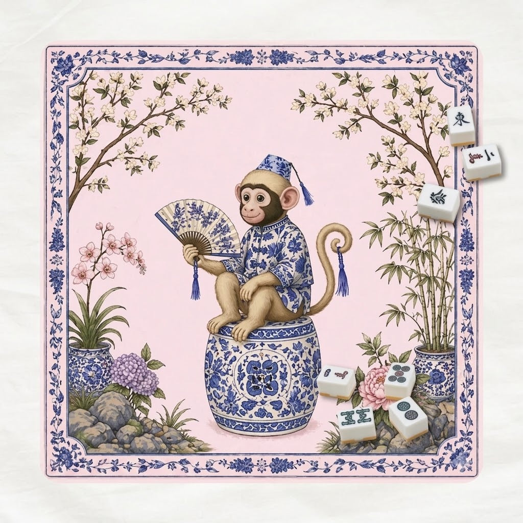 Chinoiserie Monkey With Cherry Blossom Mahjong Mat, Pink Background Floral Playing Mat, Botanical Watercolor Game Table Cover