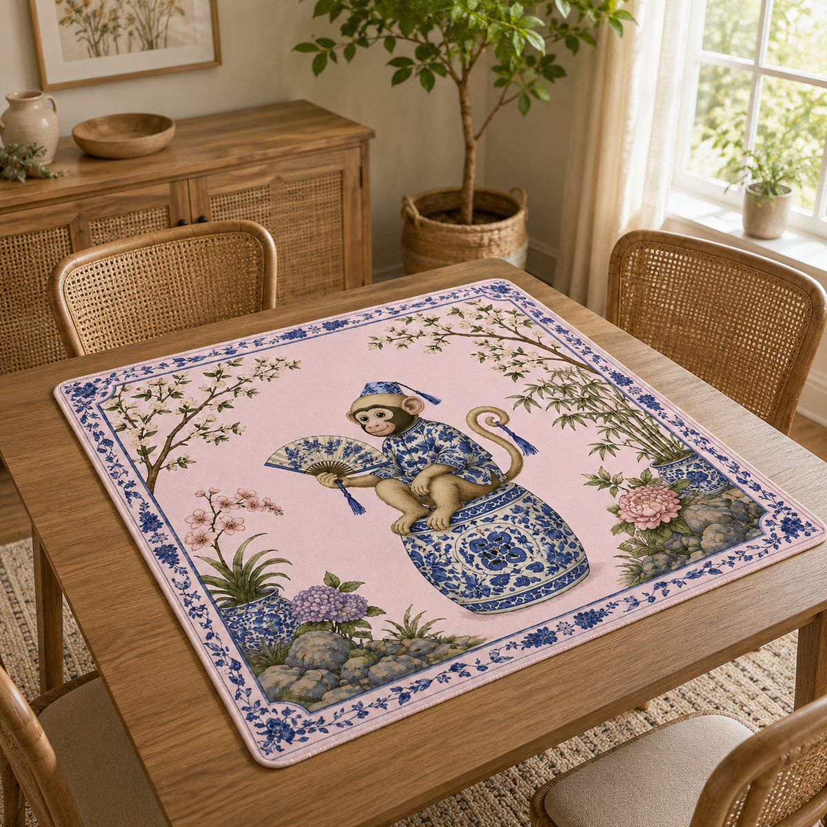 Chinoiserie Monkey With Cherry Blossom Mahjong Mat, Pink Background Floral Playing Mat, Botanical Watercolor Game Table Cover
