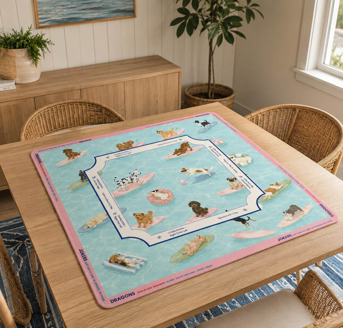 Mahjong Mat Fun Dog Surfing Design, Unique Mahjong Playing Surface, Game Night Accessories