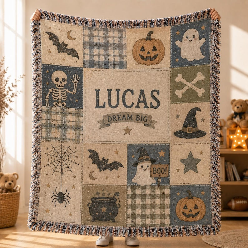 Custom Name Halloween Patchwork Woven Blanket Cute Skeleton Ghost Witch Hat Nursery Throw
