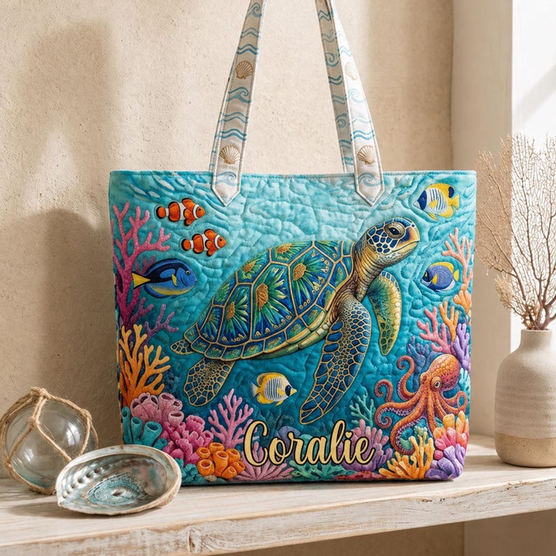 Custom Name Turtle Lover Quilted Tote Bag Gifts for Women, Ocean Handbag, Tropical Gift for Her, Animal Lovers Gifts