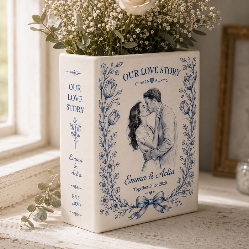 Custom Toile De Jouy Ceramic Book Vase, Personalised Wedding Gift for Couple