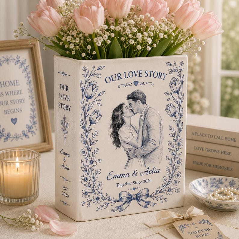 Custom Toile De Jouy Ceramic Book Vase, Personalised Wedding Gift for Couple