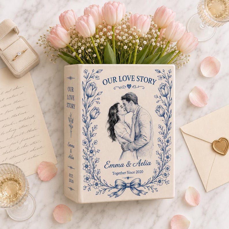 Custom Toile De Jouy Ceramic Book Vase, Personalised Wedding Gift for Couple