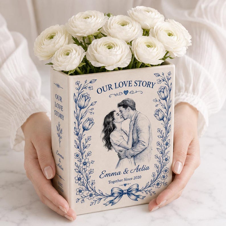 Custom Toile De Jouy Ceramic Book Vase, Personalised Wedding Gift for Couple