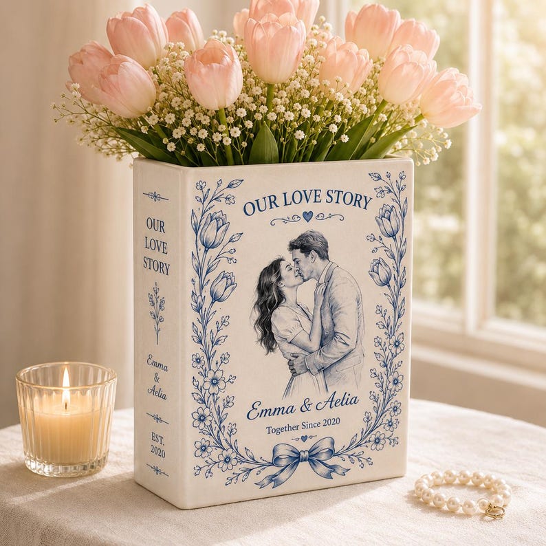 Custom Toile De Jouy Ceramic Book Vase, Personalised Wedding Gift for Couple