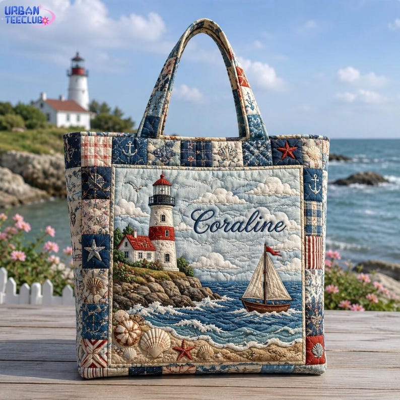 Personalized Coastal Lighthouse Quilted Tote Bag, Ocean Waves Handbag, Nautical Beach Handbag, Marine Sea Lovers