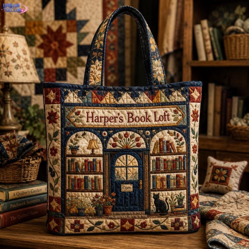 Personalized Bookstore Tote Bag, Quilted Library Lover Gift, Custom Name Bookshop Bag, Literary Lover Tote Bag