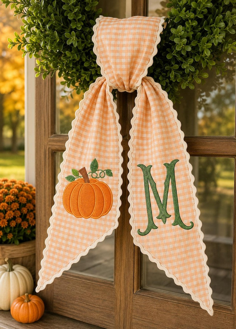 Embroidered Pumpkin Monogram Wreath Sash, Fall Wreath Sash, Pumpkin Wreath Sash, Last Name Wreath Sash