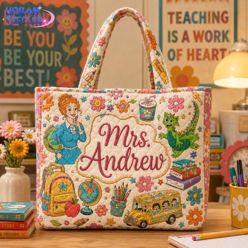 Custom Back to School, Quilted Tote Bag, Magic School Bus Bag, Children's Book Character Tote, Back To School Gift For Teacher