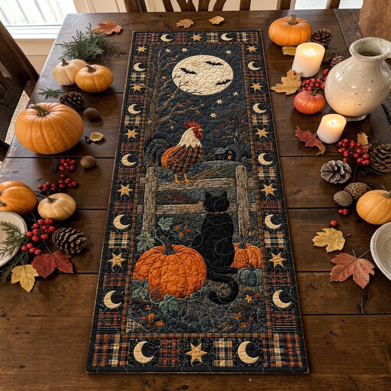 Folk Rooster Black Cat Quilted Table Runner, Moon Pumpkin Patchwork Quilt, Dark Plaid Halloween Farmhouse Kitchen