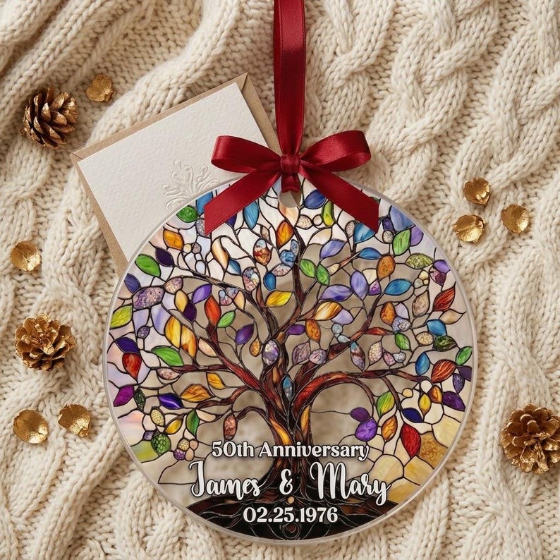 Personalized 50th Anniversary Acrylic Ornament, Custom Tree of Life Keepsake, Golden Anniversary Gift