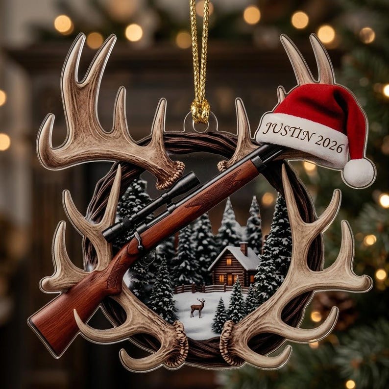 Custom Name Deer Antler Hunting Rifle Christmas Ornament Acrylic Cabin Holiday Tree Decoration