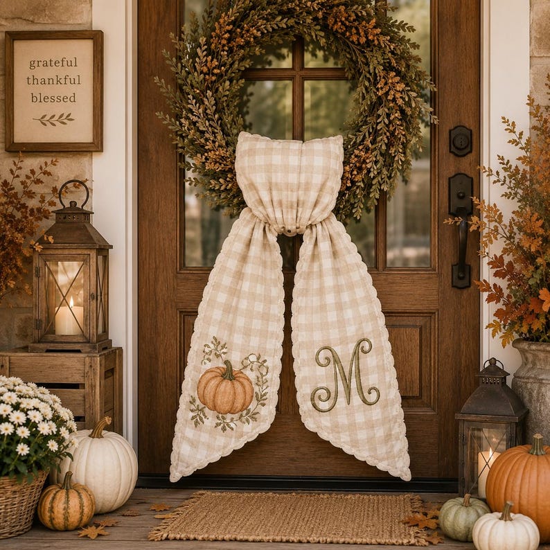 Personalized Fall Door Hanger Sash, Embroidered Pumpkin Bow, Custom Initial Front Door Decor, Farmhouse Autumn Wreath Ribbon