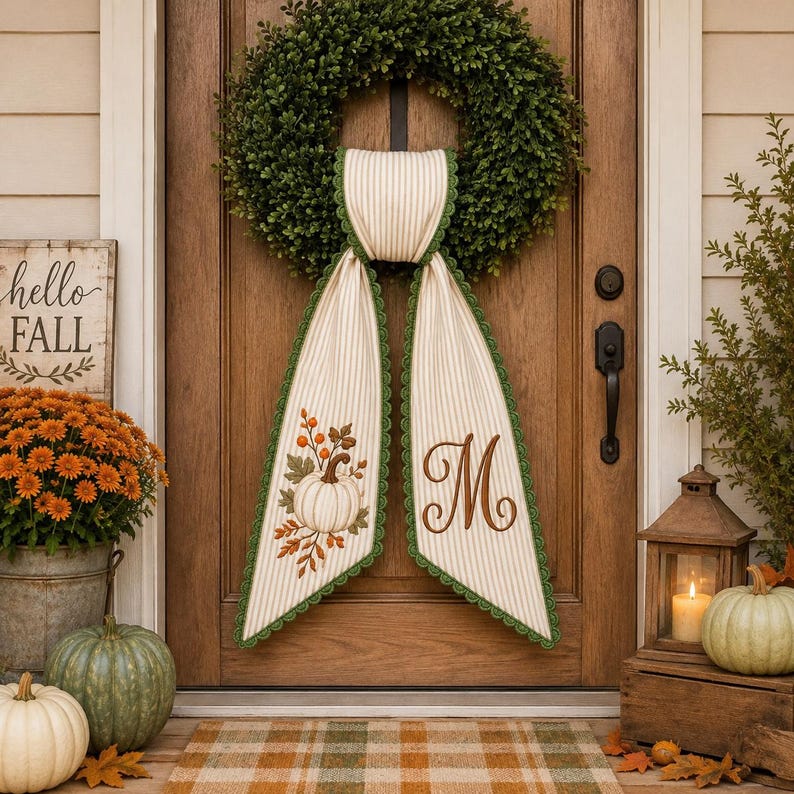 Personalized Fall Wreath Sash, Embroidered Autumn Door Hanger Bow, Pumpkin Monogram Sash, Thanksgiving Porch Decor