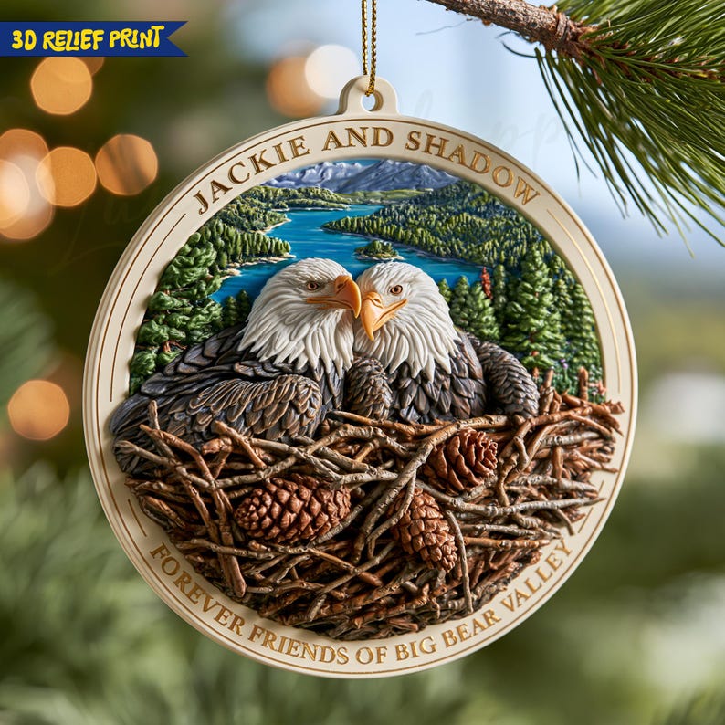 3D Relief Jackie and Shadow Bald Eagle Ornament, Bonded Pair Big Bear Eagles Christmas Keepsake, In Memory of Jackie Big Bear Eagles