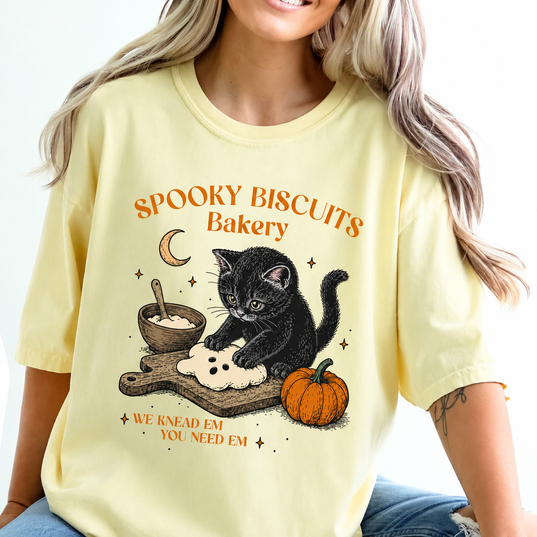 Spooky Biscuits Bakery Comfort Colors Shirt, Whimsical Black Cat Baking T-Shirt, Halloween Cat Tee