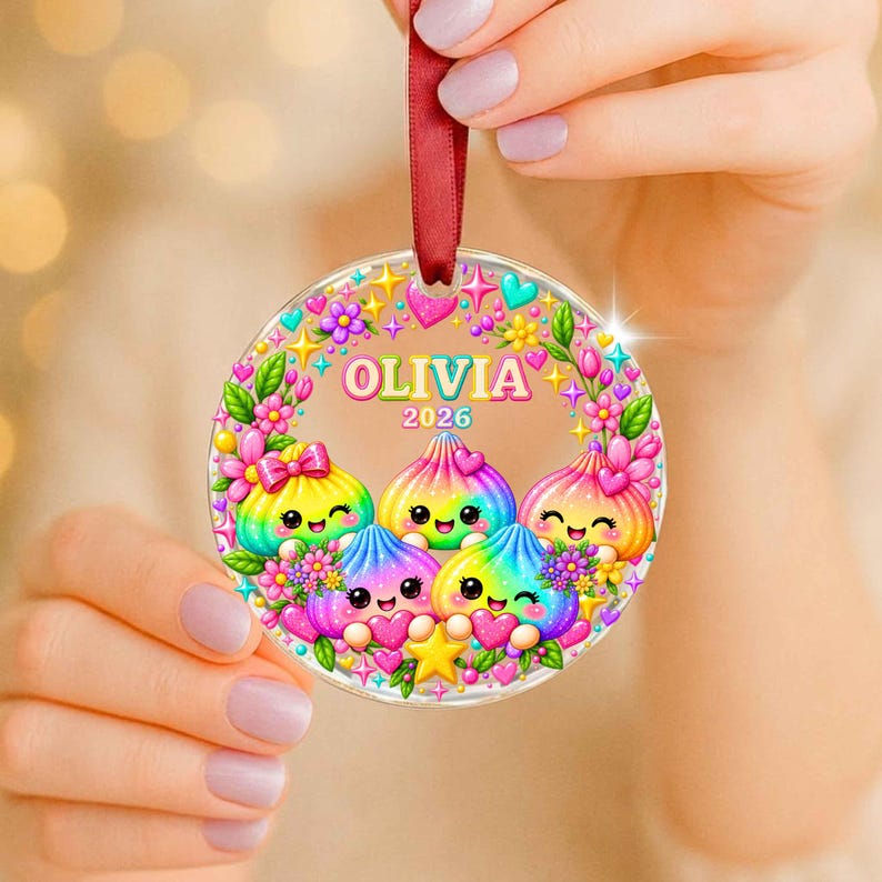 Personalized Kawaii Rainbow Dumpling Ornament, Custom Name Dim Sum Keepsake, 2026 Kids Foodie Xmas Gift