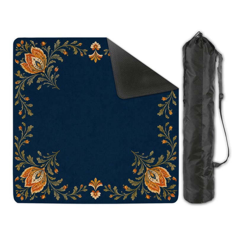 Folk Art Floral Mahjong Mat, Blue & Orange Table Cover, Nonslip Game Night Mat