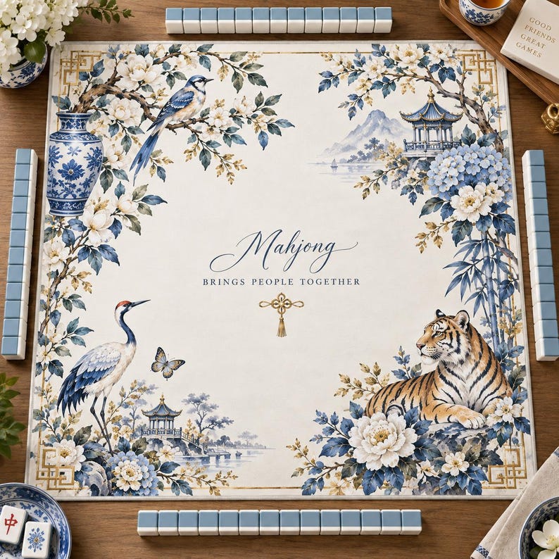 Chinoiserie Tiger Crane Mahjong Mat, Blue and White Floral Animal Game Table Cover, Mahjong Player Gift