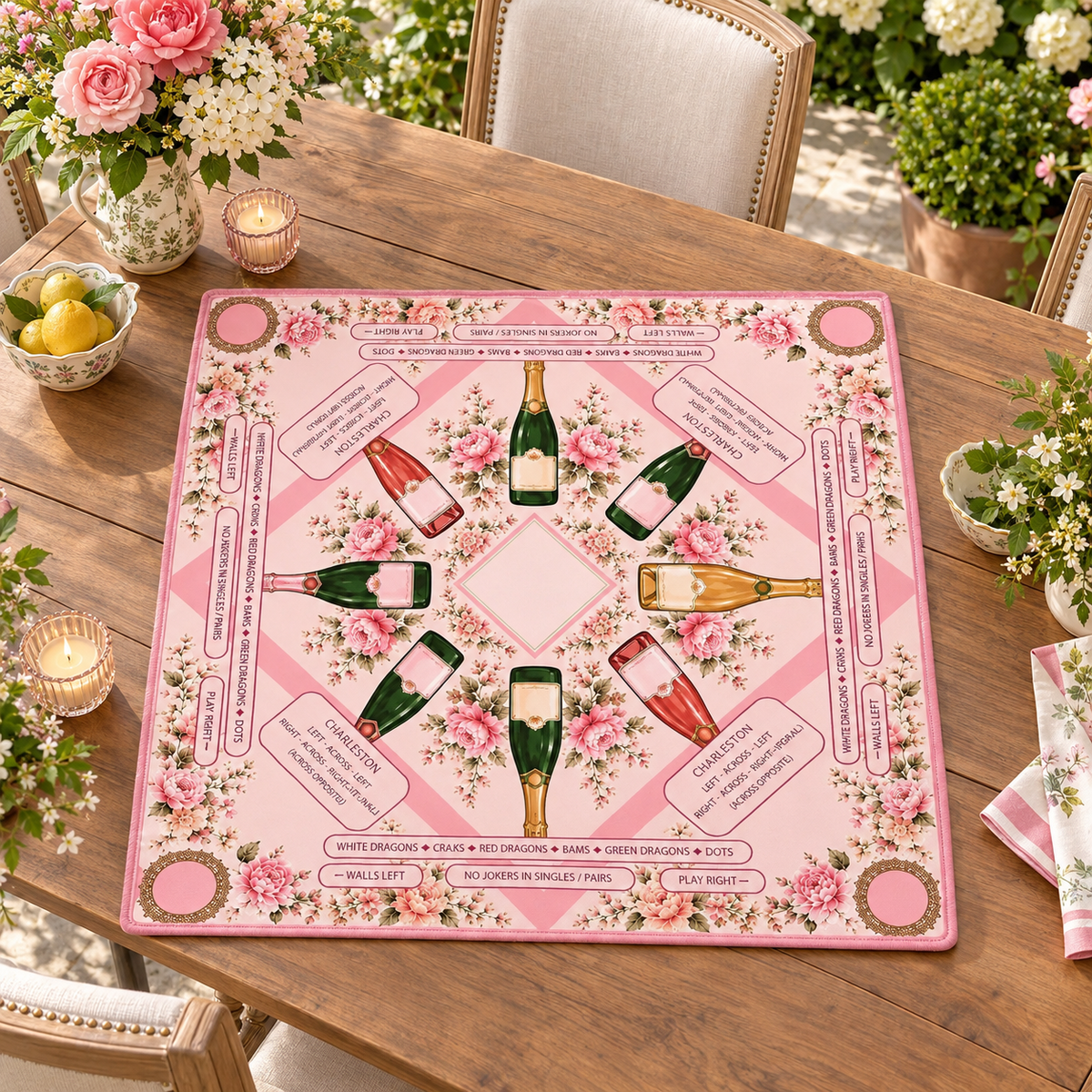 Bams & Bubbly Mahjong Mat, Preppy Pink Champagne & Floral Table Cover, Non-Slip Table Play Mat