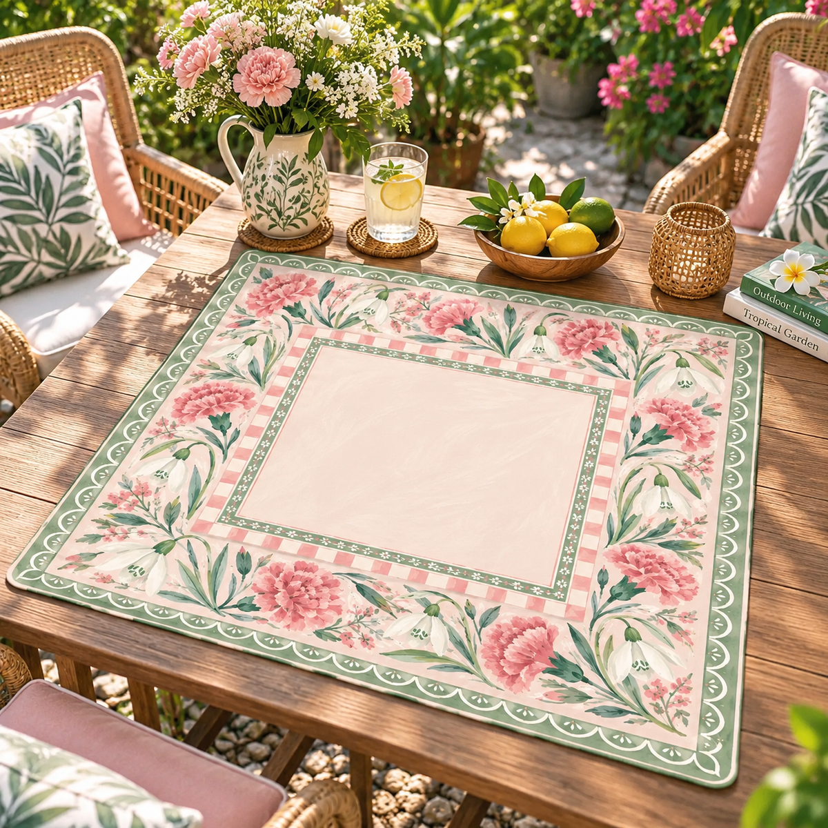 Pink Carnation Snowdrop Mahjong Mat, American Mahjong Mat, Grandmillennial Floral Garden, Sage Green Mahjong Gift