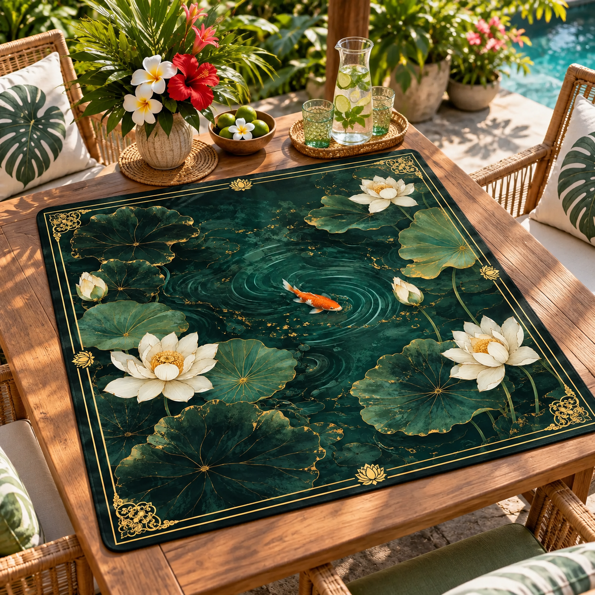 Koi Mahjong Mat, Luxury Lotus Pond Game Mat, Dark Botanical American Mahjong Table Mat, Japanese Garden Mahjong