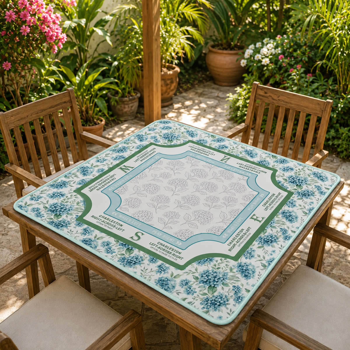 Blue Hydrangea garden Mahjong Mat, American Mahjong Table Mat with Charleston Instructions, Floral Compass Mahj Mat