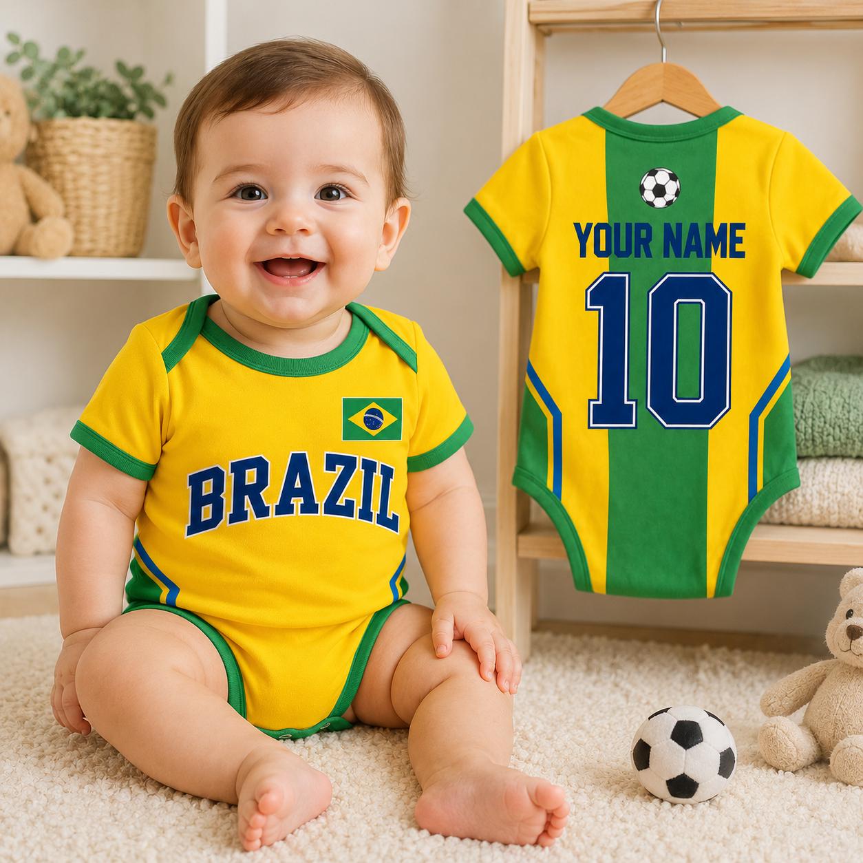 Personalized Brazil Baby Bodysuit, Brazil Soccer Jersey, Infant Football Outfit, Baby Shower Gift