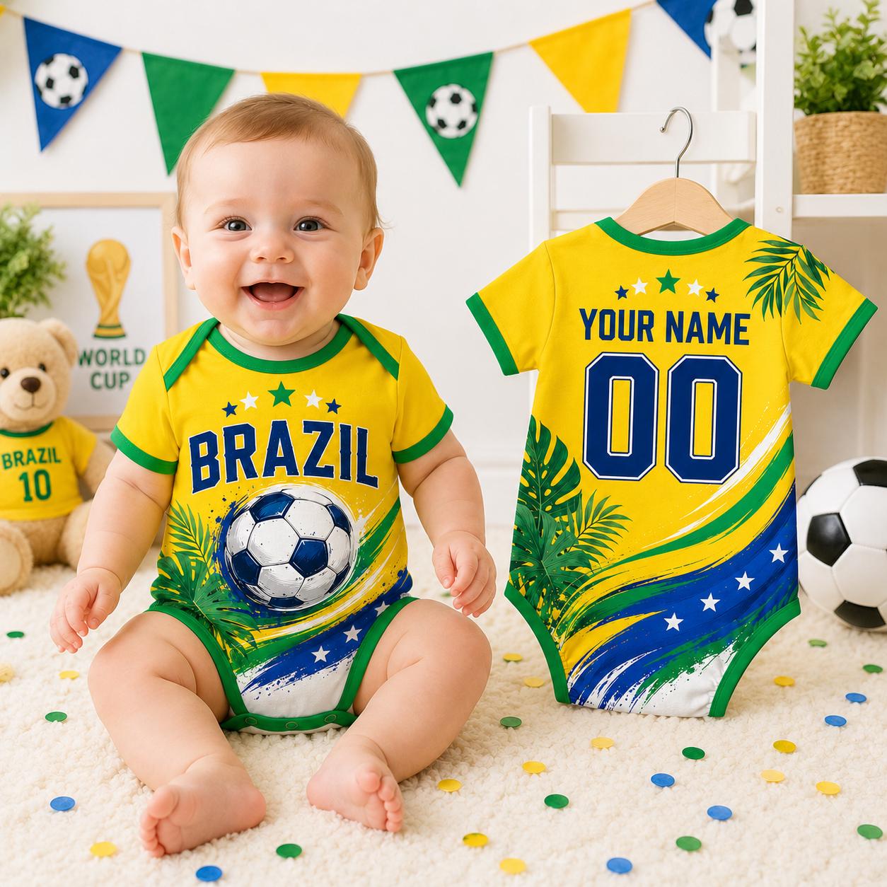 Custom Brazil Baby Soccer Bodysuit, Brazil Football Onesie, World Cup 2026 Baby Gift