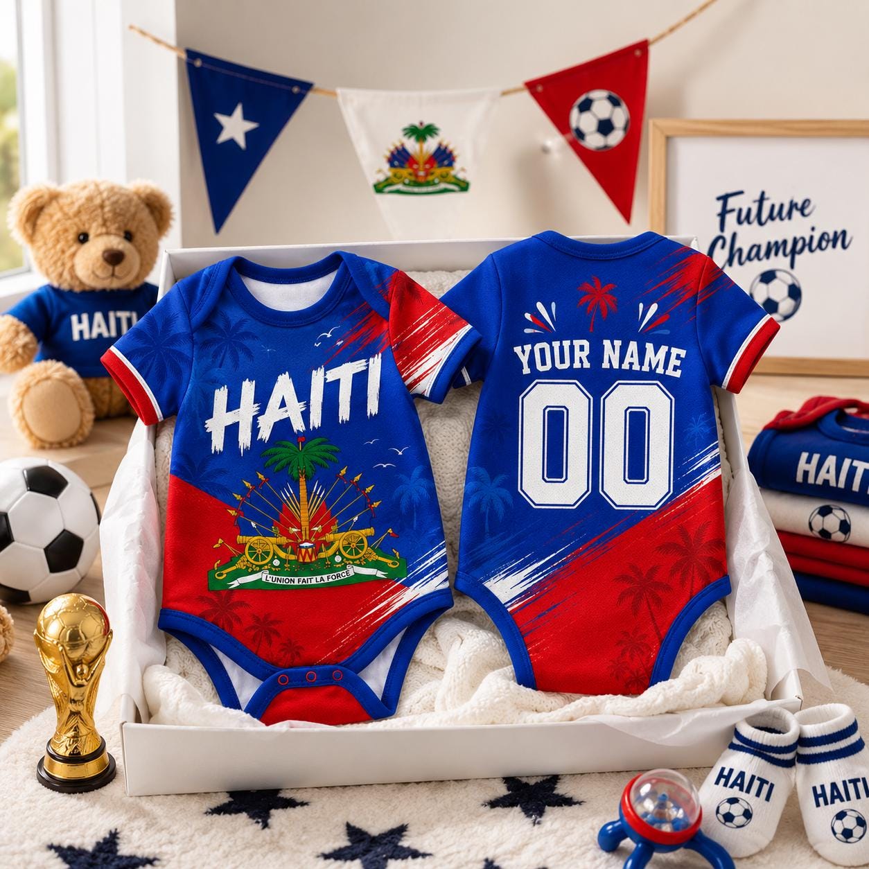Personalized Haiti Baby Soccer Bodysuit, Custom Name Number Haiti Fan Baby Outfit, Haiti Jersey Romper Gift