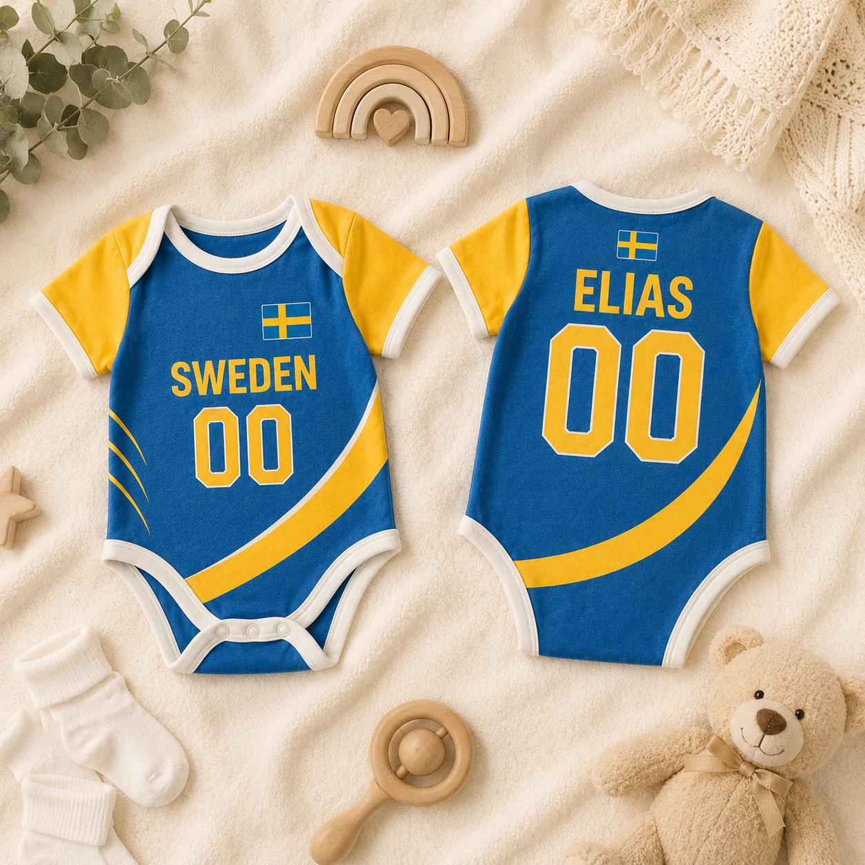 Personalized Sweden Baby Bodysuit, Sweden Soccer Romper, Custom Name Number Outfit, Baby Shower Gift