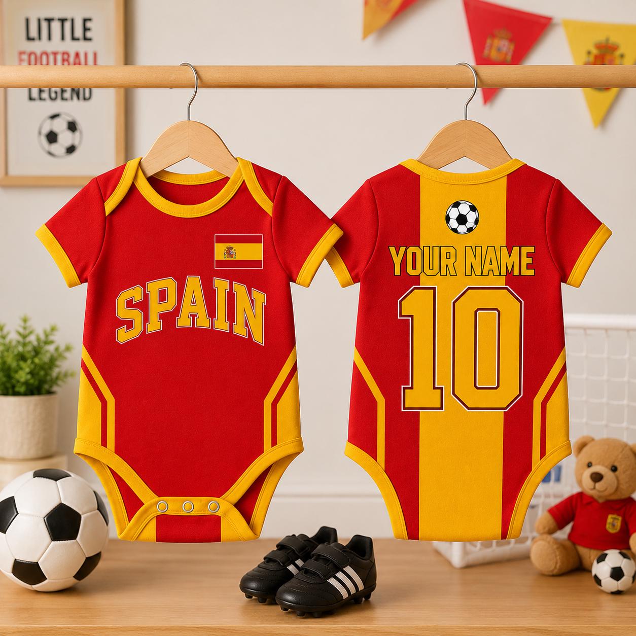 Custom Spain Soccer Baby Onesie, Personalized Spain Football Baby Bodysuit, Newborn Sport Gift