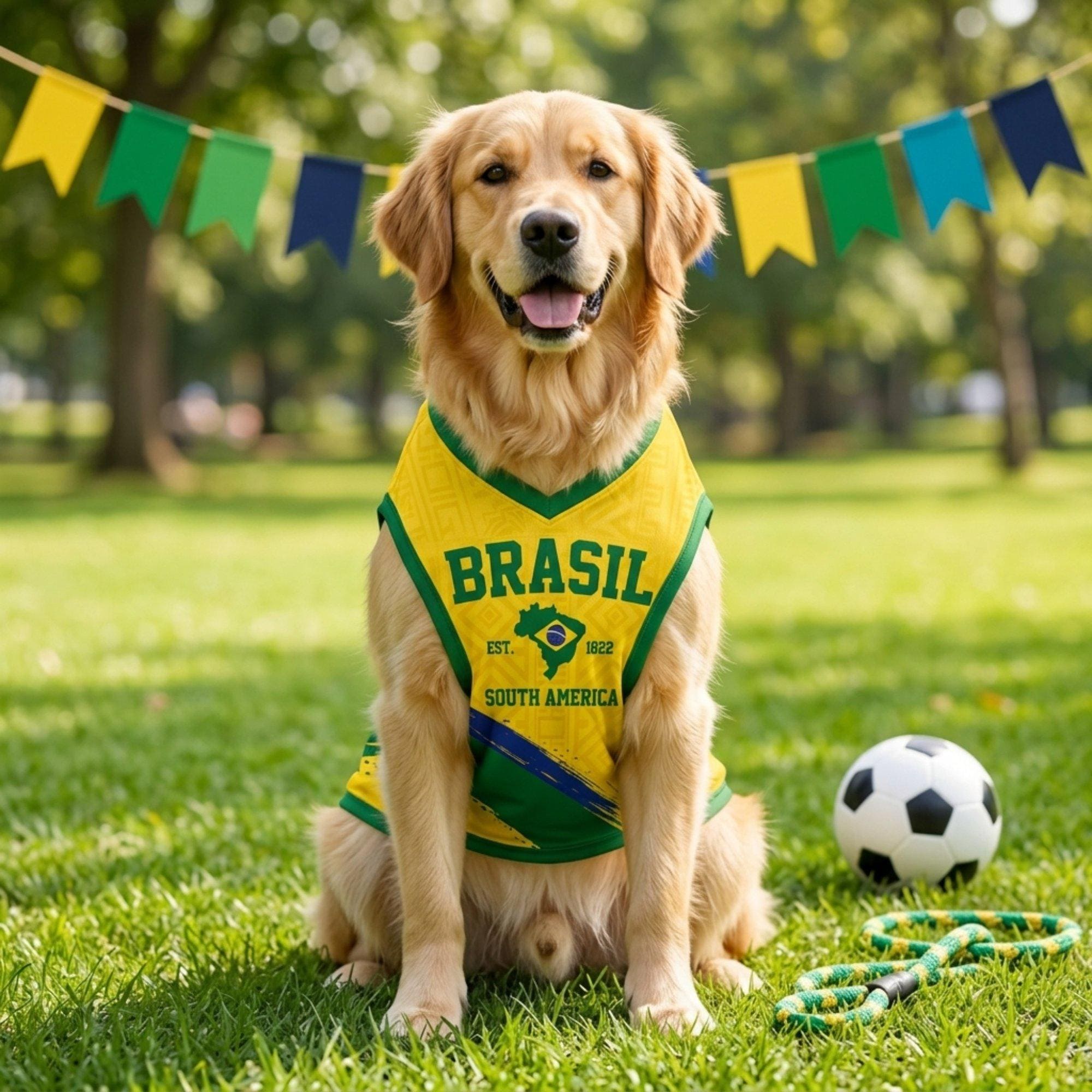 Personalized Brazil Dog Jersey, Custom Cat Football Shirt Name Number, Yellow Green Mesh Pet Soccer