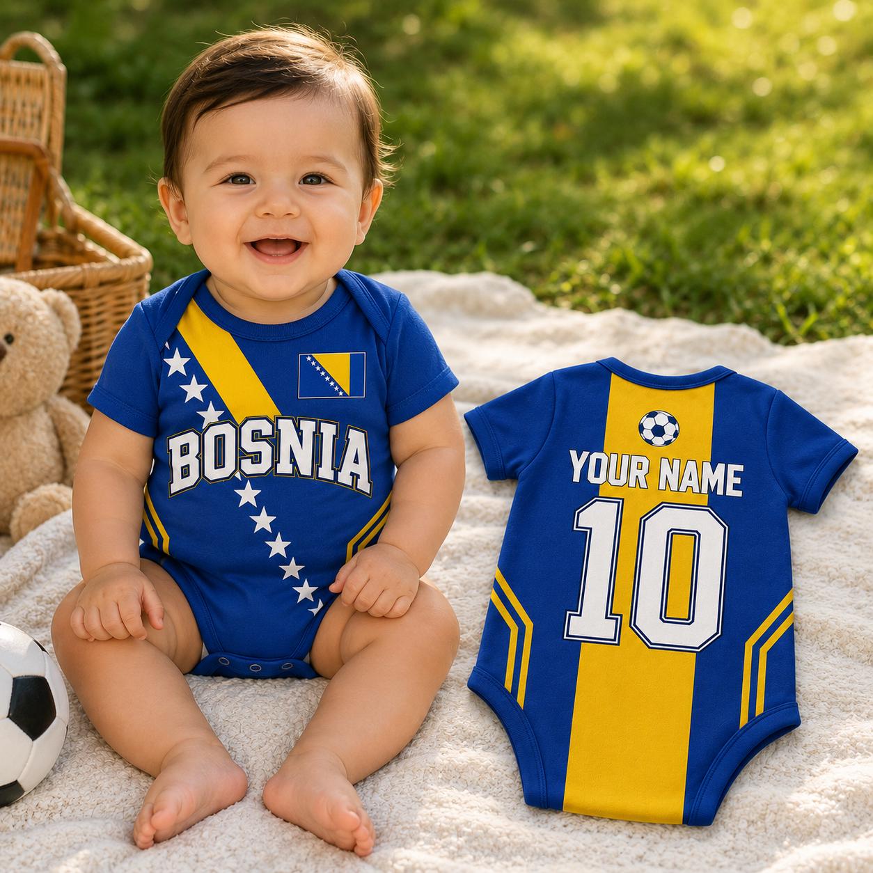 Personalized Bosnia Baby Bodysuit, Bosnia Soccer Romper, Custom Name Number Outfit, Baby Shower Gift