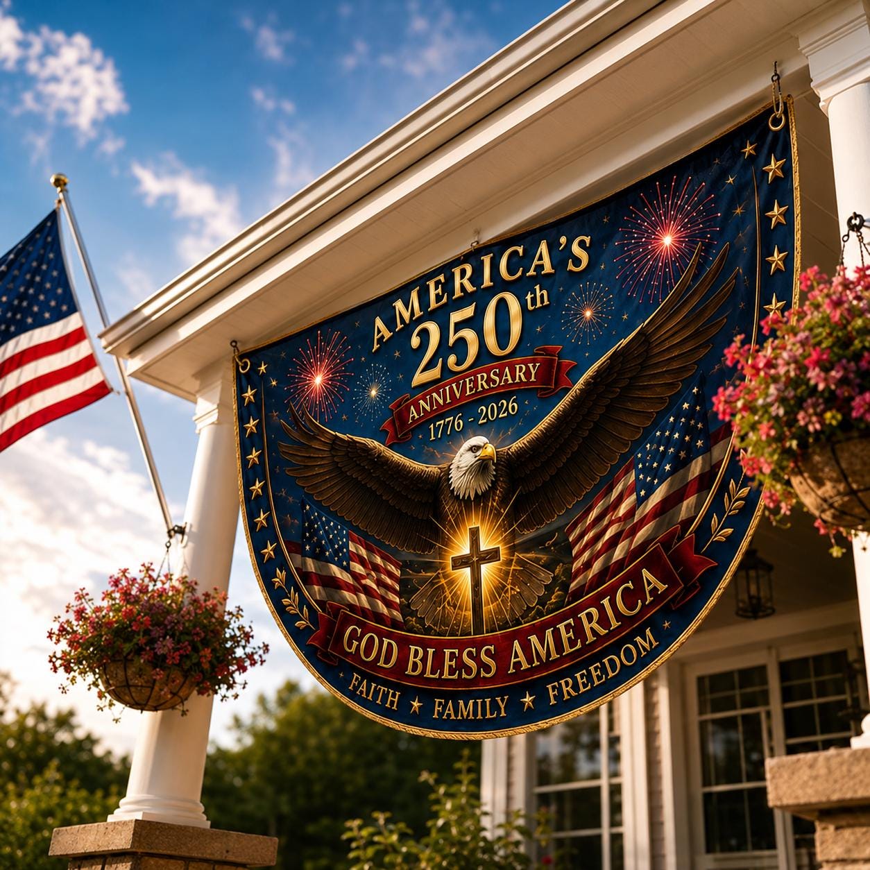 USA 250th Anniversary Patriotic Bunting Banner, America 1776–2026 Semicircle Fence Flag, Christian Freedom Porch Decor