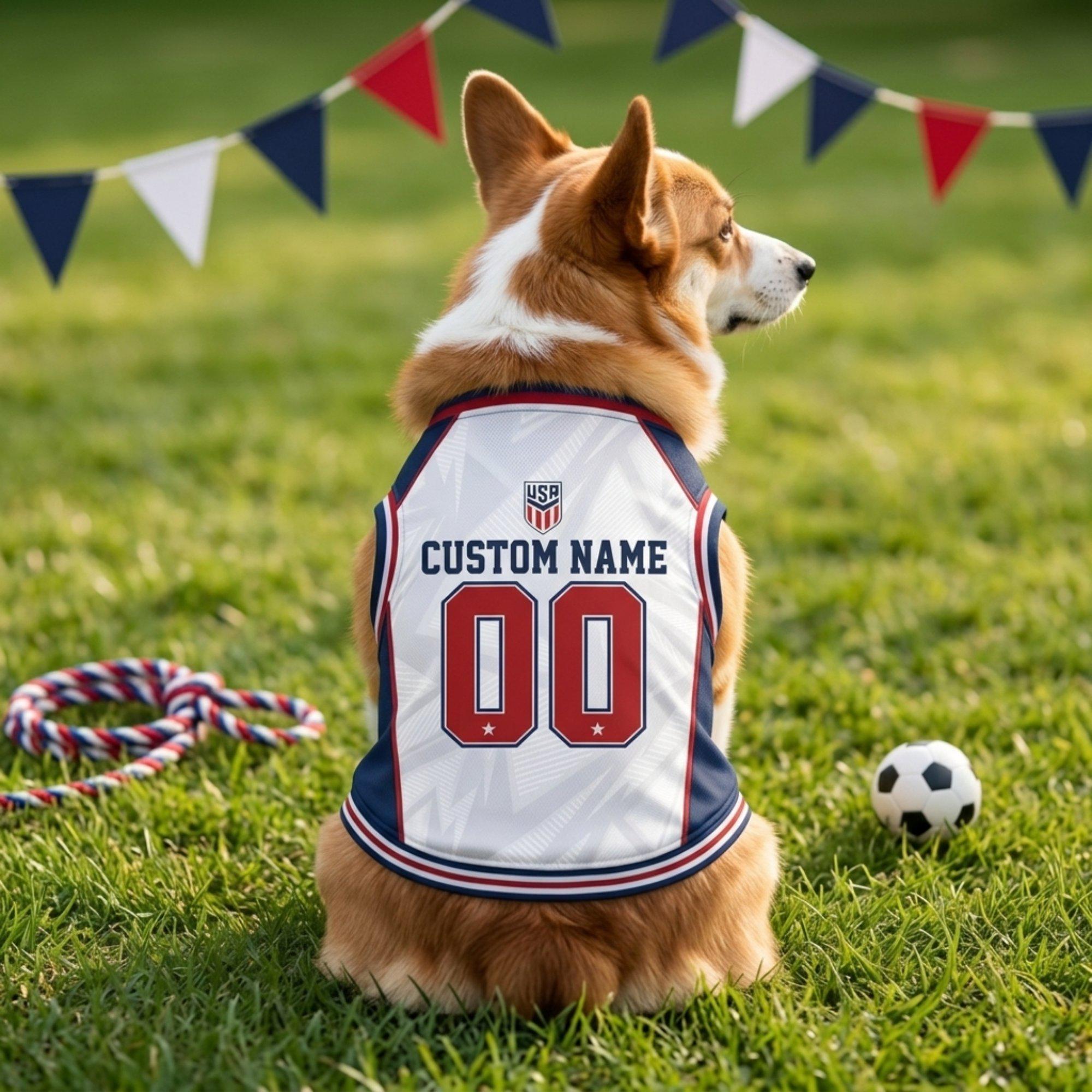 Personalized USA Pet Soccer Jersey, Custom Dog Cat Football Shirt, Stars Stripes Pet Jersey