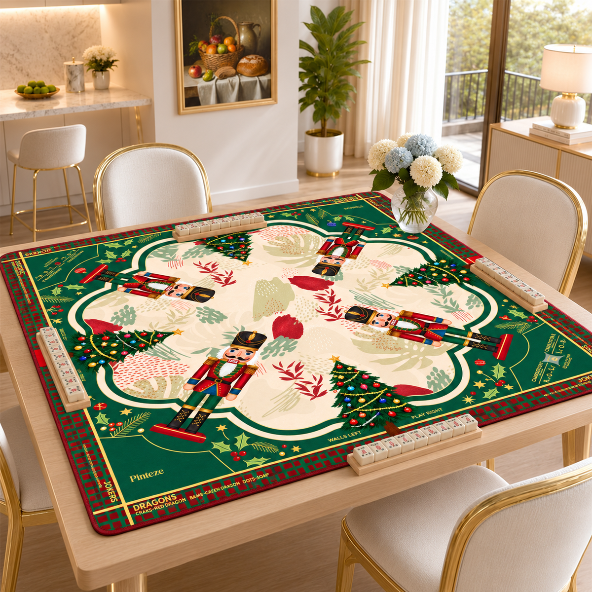 Christmas Nutcracker Mahjong Mat, Red Green Holiday Game Mat, Traditional Christmas Tree Style, Non-slip Table Cover