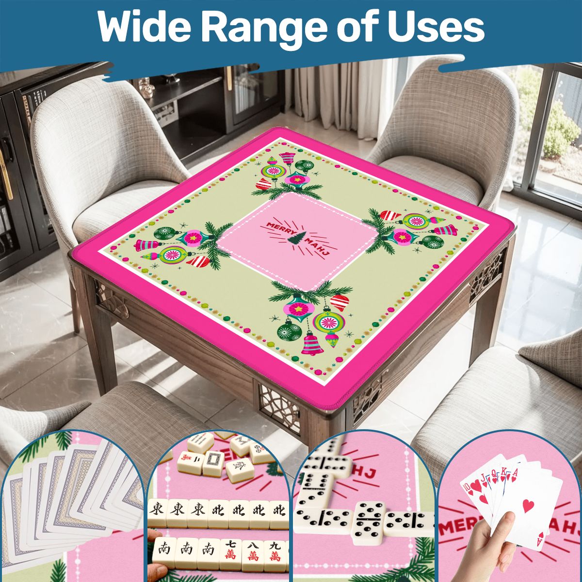 Very Merry Mahj Mahjong Mat, Pink Christmas Mahjong Decor, Retro Holiday Game Night, Festive Mahj Collection