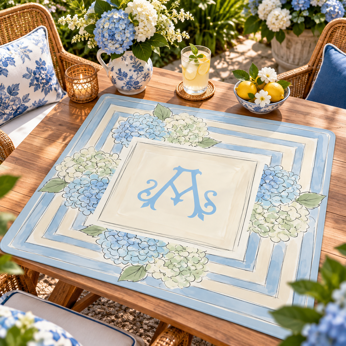 Personalized Initial Monogram Mahjong Mat, Non-Slip Watercolor Hydrangea Mat, Blue Floral Game Night Gift