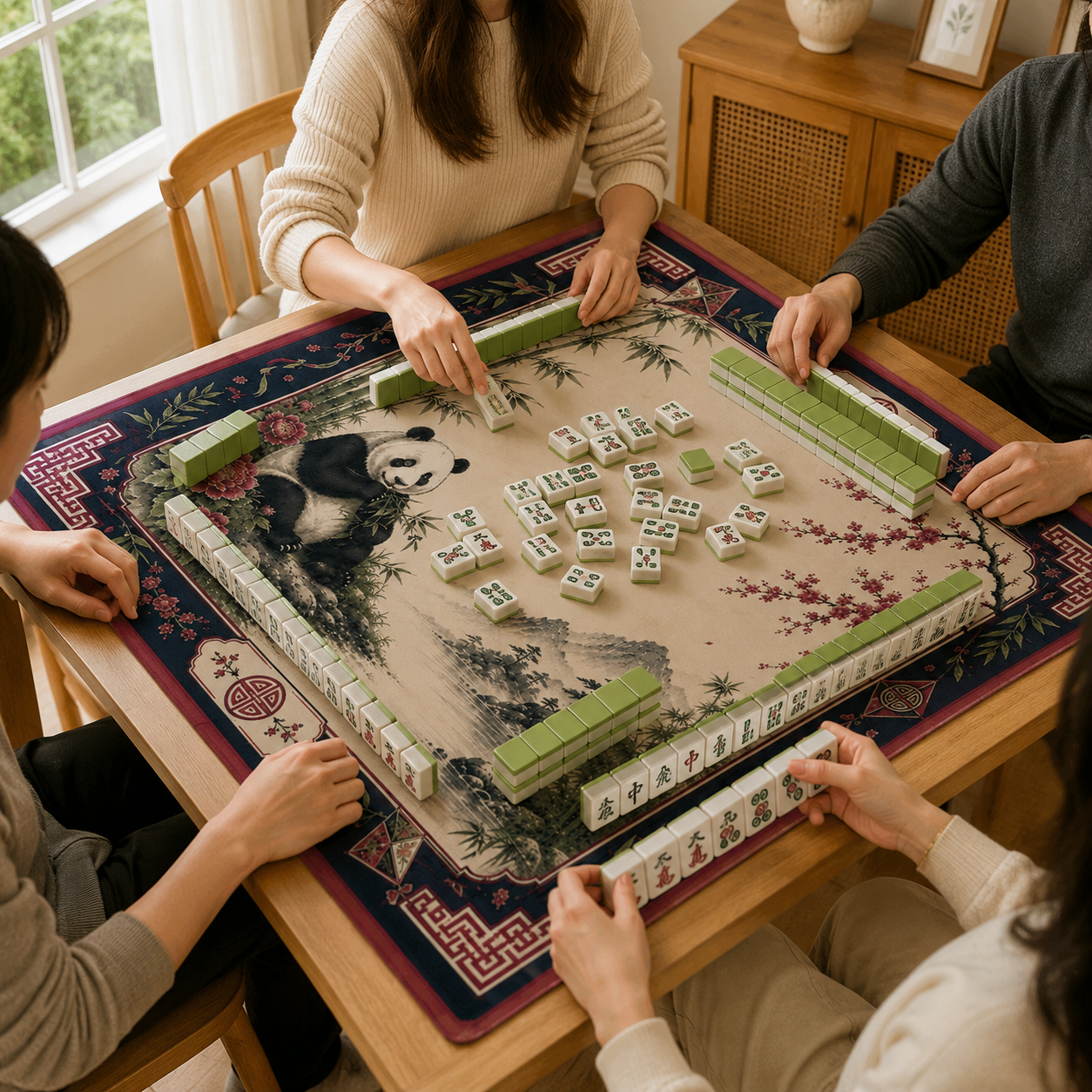 Mahjongmat Green with Cute Panda Print