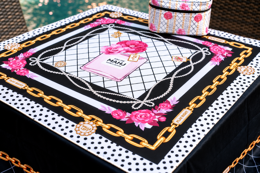 Eau de Mahj Mahjong Mat, Pink Floral B&W Mahjong Mat, Perfume Style Icon, Luxury Fashionista, Blossoms