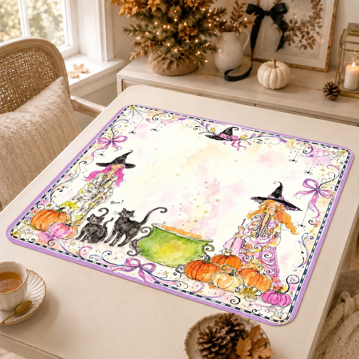 Whimsical Halloween Witches Mahjong Mat, Black Cat Cauldron Purple Bows Table Cover, Spooky Season Game Decor